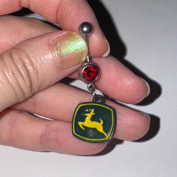 Red Gem John Deere Dangle Belly Ring - Picture 3 of 5